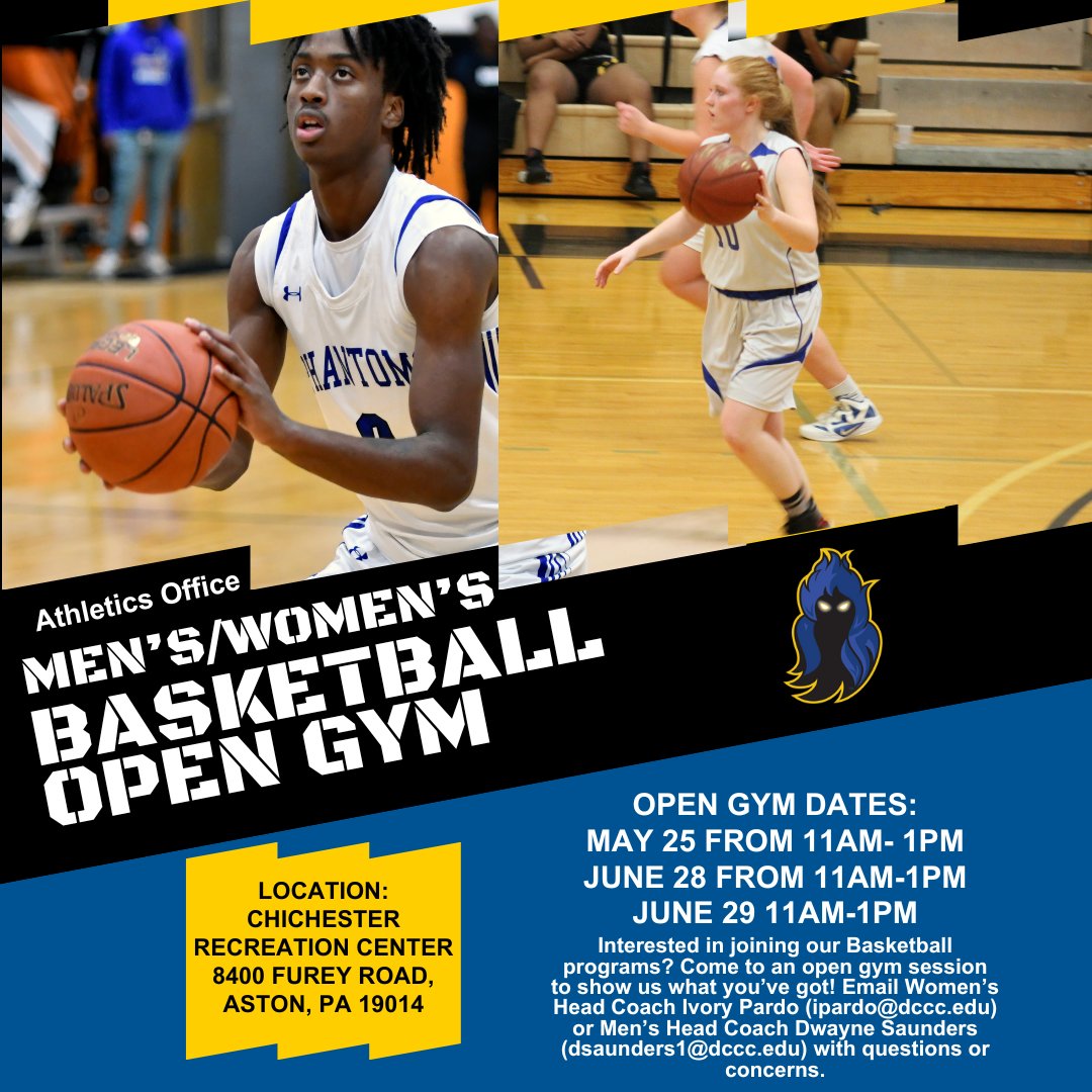 Phantoms, are you interested in playing on the Men’s or Women’s Basketball teams this year? 🏀 Come out to an Open Gym session this summer to show off your skills and meet the coaching staff! Please email Ivory Pardo or Dwayne Saunders with questions or concerns! Go Phantoms!