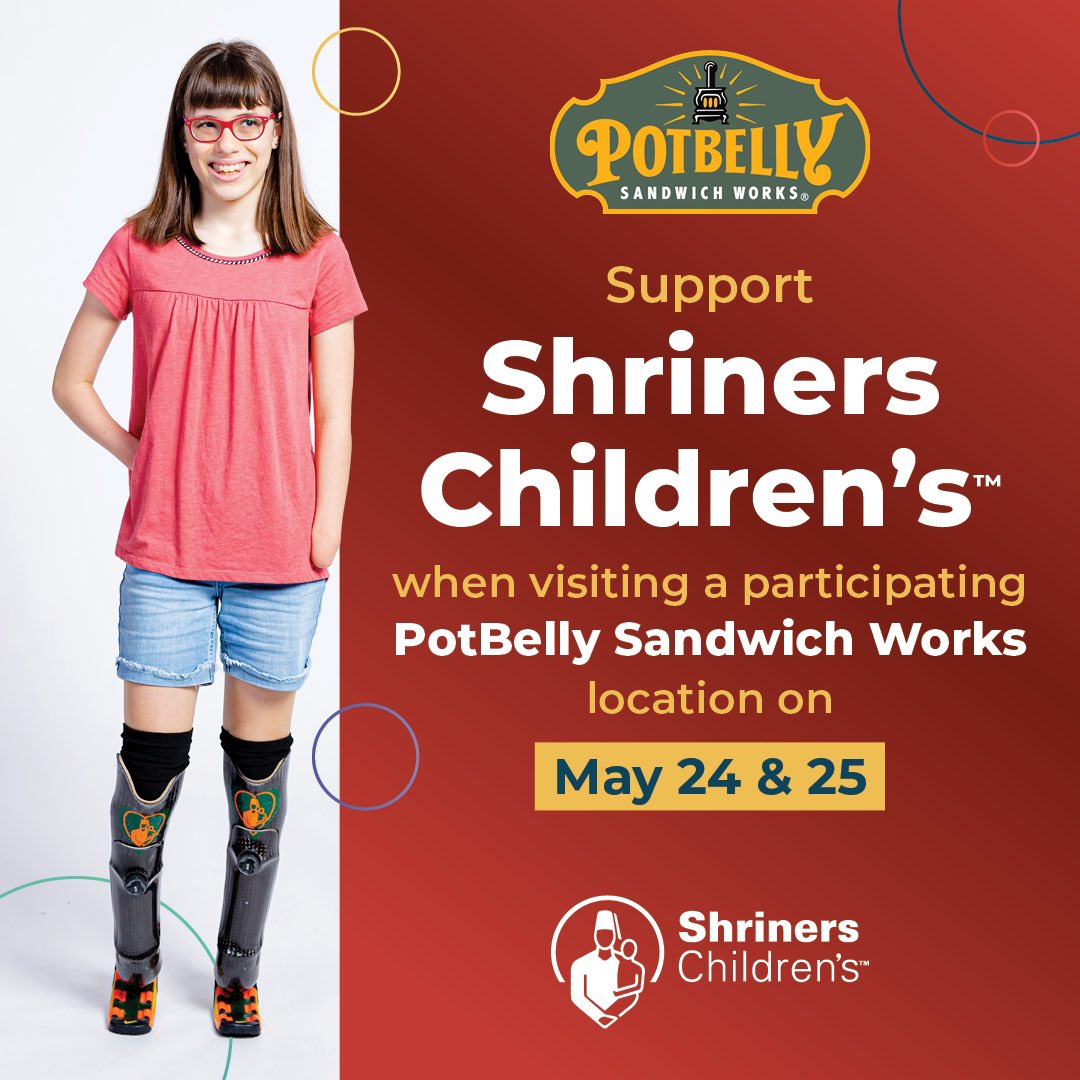 ShrinersFlorida's tweet image. #ThursdayThought: visit a Tampa Bay area @Potbelly Sandwich Works this weekend & help support @shrinershosp at the same time! 20% of all dine-in orders on Sat, May 24 & Sun, May 25 will be donated back to Shriners Children's. Participating locations ➡️ 31daystoamaze.org/potbelly-sandw…