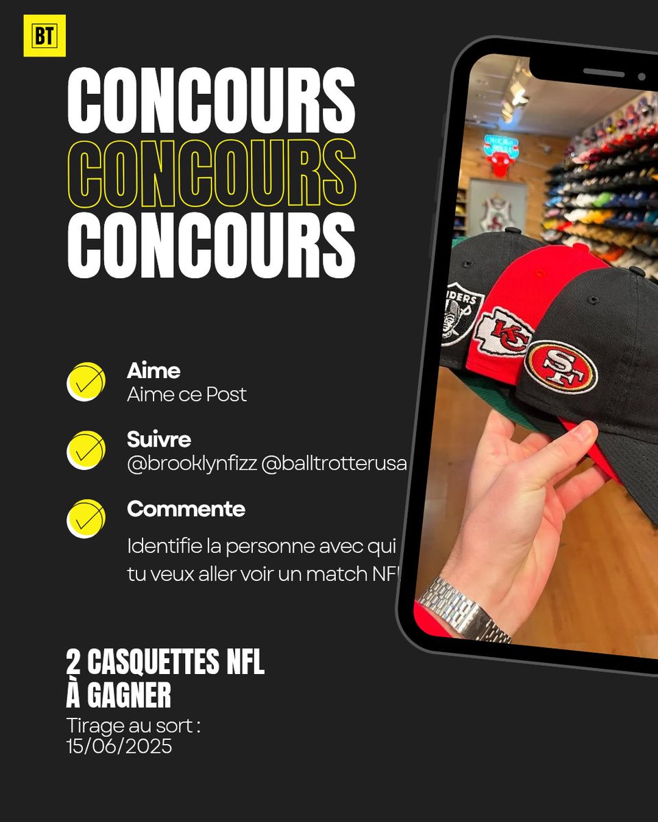 Ball_TrotterUSA's tweet image. CONCOURS NFL - À GAGNER : 2 CASQUETTES OFFICIELLES !

Tu es fan de NFL ? On te fait gagner 2 casquettes officielles de tes équipes préférées !
Pour participer, c’est simple :
1. Aime ce post
2. Suis @brooklynfizz &amp;amp; @balltrotterusa
3. Identifie en commentaire la personne avec qui…