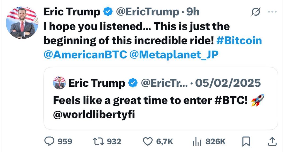 🚨 BREAKING: Eric Trump: "Questo è solo l'inizio di un'incredibile avventura con il #Bitcoin!"