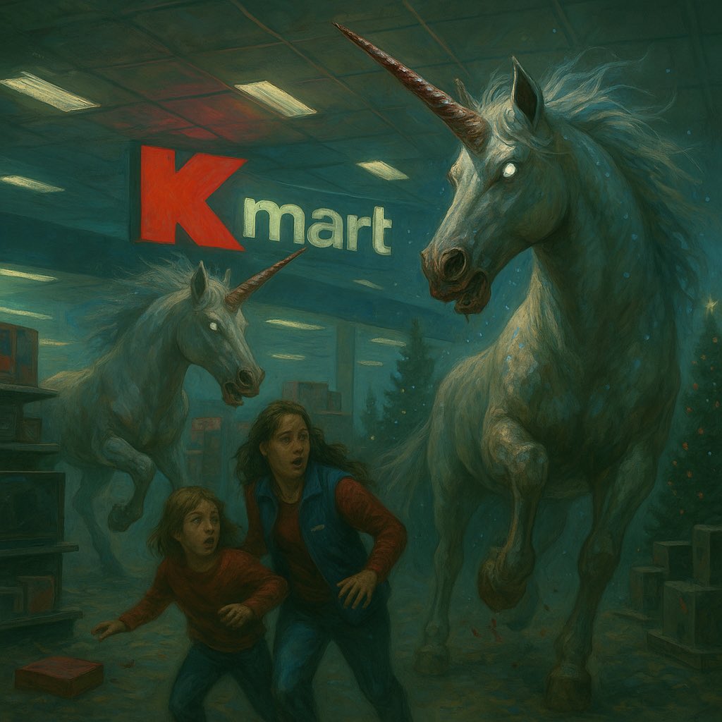 “emerging from the fog, was a herd of unicorns. Except, they didn’t look like your typical fairytale unicorns. No. They were menacing, with glowing yellow eyes, sharp horns, and bucked teeth.”

Wrote about The Kmart Unicorn Massacre for <a href="/dailydrunkmag/">The Daily Drunk Mag</a> 🦄 

dailydrunkmag.com/2025/05/22/the…