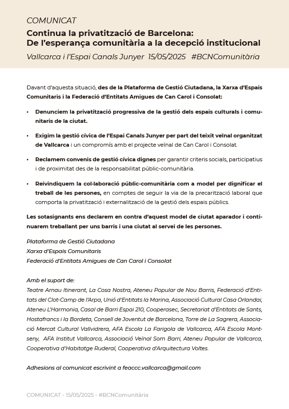 Xarxa d'Economia Solidària de Catalunya (@xes_cat) on Twitter photo 📜 Iniciatives comunitàries denuncien l’arraconament de la gestió cívica d’espais i la privatització progressiva a BCN
La XEC, Plataforma de Gestió Ciutadana i <a href="/CBCanCarol/">Casal de Barri Can Carol</a> signen un manifest que ja ha rebut el suport de desenes d'organitzacions
xes.cat/infoxes/2025/0… 📜 Iniciatives comunitàries denuncien l’arraconament de la gestió cívica d’espais i la privatització progressiva a BCN
La XEC, Plataforma de Gestió Ciutadana i <a href="/CBCanCarol/">Casal de Barri Can Carol</a> signen un manifest que ja ha rebut el suport de desenes d'organitzacions
xes.cat/infoxes/2025/0…