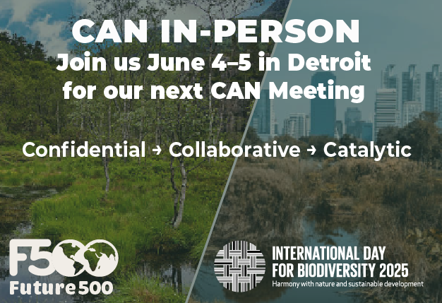 future500's tweet image. In honor of International #BiodiversityDay, join us June 4–5 in Detroit for Future 500’s CAN Meeting—where business and nature meet to drive #sustainability. Register now: bit.ly/3ENTtWQ