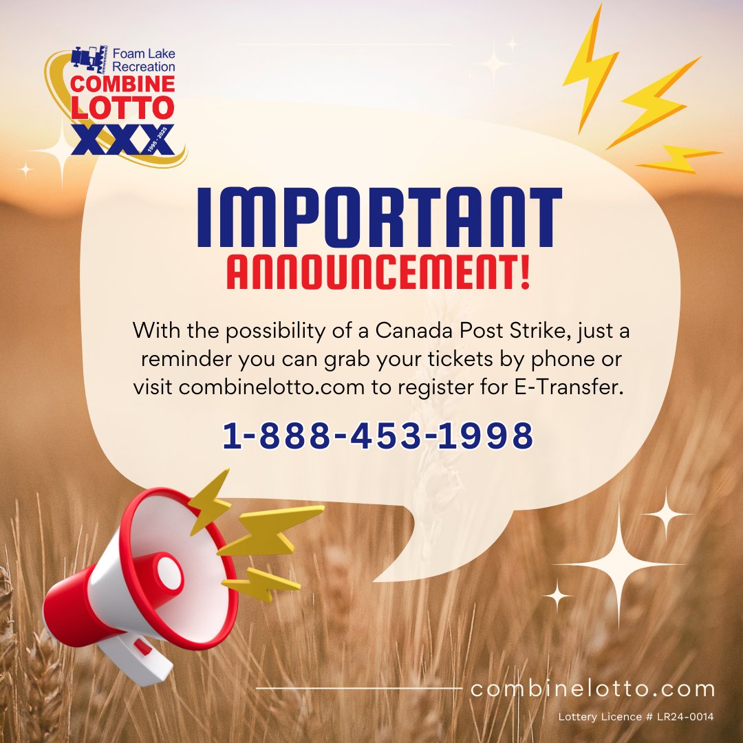 We know many of you love sending your ticket orders by mail but with a possible Canada Post strike, we want to make sure you don’t miss your chance to win.

📞 Call 1-888-453-1998 to pay by credit card
💻 Or registering for e-transfer at combinelotto.com