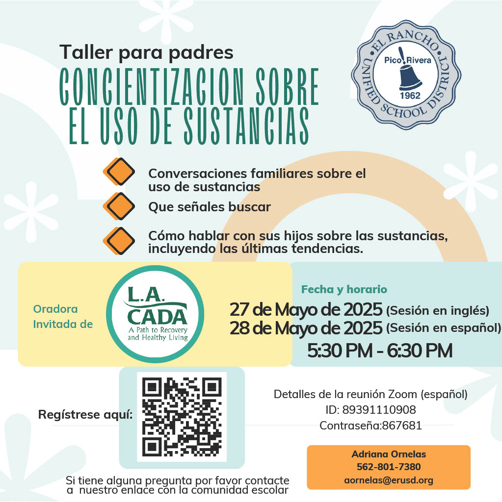 LA CADA is hosting a workshop on Substance Abuse Awareness for all ERUSD parents. Scan the QR code if interested and join in this important conversation! #substanceabuseawareness #lacada #steamatburke #erusd