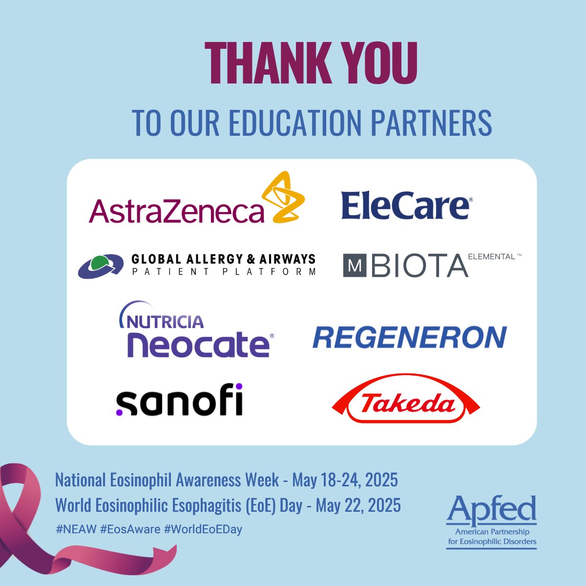 APFED.org (@apfedorg) on Twitter photo 👏 Thank you to our #NEAW25 & #EoEDay Education Partners for helping us raise awareness, educate, & support people impacted by eosinophilic disorders.
💜 <a href="/AbbottNews/">Abbott</a>
💜 <a href="/AstraZeneca/">AstraZeneca</a>
💜 <a href="/gaapporg/">Global Allergy & Airways Patient Platform</a>
💜 <a href="/elementaldiet/">mBIOTA Elemental</a>
💜 @Neocate
💜 @Sanofi
💜 <a href="/Regeneron/">Regeneron</a>
💜 <a href="/TakedaPharma/">Takeda</a> 👏 Thank you to our #NEAW25 & #EoEDay Education Partners for helping us raise awareness, educate, & support people impacted by eosinophilic disorders.
💜 <a href="/AbbottNews/">Abbott</a>
💜 <a href="/AstraZeneca/">AstraZeneca</a>
💜 <a href="/gaapporg/">Global Allergy & Airways Patient Platform</a>
💜 <a href="/elementaldiet/">mBIOTA Elemental</a>
💜 @Neocate
💜 @Sanofi
💜 <a href="/Regeneron/">Regeneron</a>
💜 <a href="/TakedaPharma/">Takeda</a>