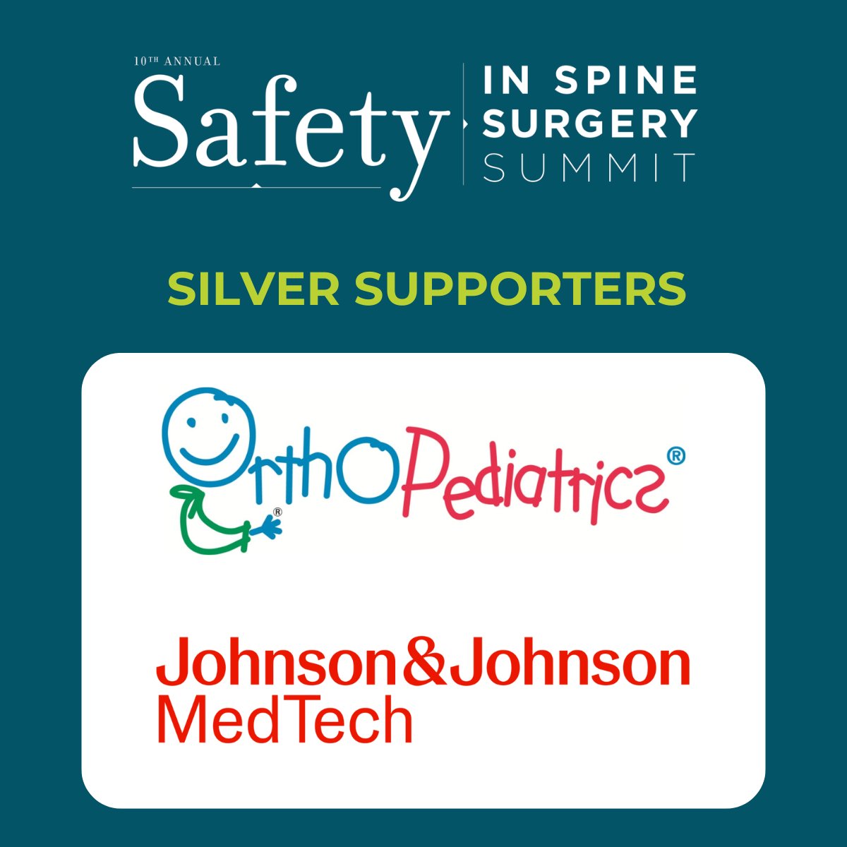 Thank you to the Silver supporters of the Safety in Spine Surgery Summit, Johnson &amp; Johnson MedTech and OrthoPediatrics! Their support helps us make a positive impact on safety in spine surgery.

#spine #spinesurgery #safety