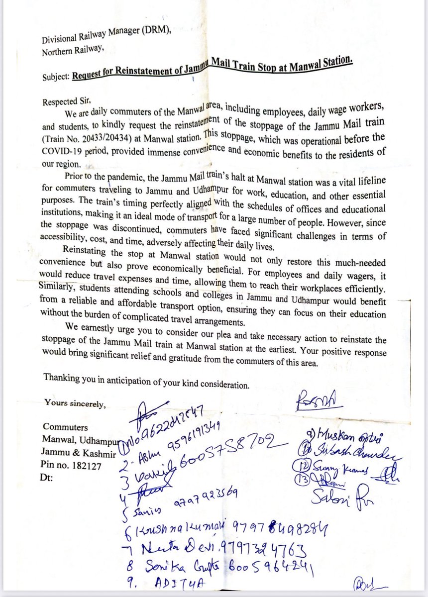 drmonika_langeh's tweet image. This is a request post to Railway Minister regarding halt of Jammu Mail at Manwal Railway Station. The commuters who daily commute from Jammu to Manwal, Manwal to Udhampur and return request you to provide a halt of Jammu mail at Manwal Railway station.
Hundereds of commuters who…