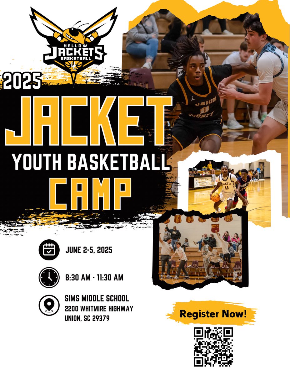 🏀 Ready to sharpen your basketball skills this summer? Join us for Union County Jacket Basketball Camp!
📅 Date: June 2-5
⏰ Time: 8:30 AM - 11:30 AM
📍 Location: Sims Middle School
💲 Cost: $50

👉 Register today here: forms.gle/qXdrssdAn6LRnx…

#TogetherWeAttack🐝🏀⛹🏿