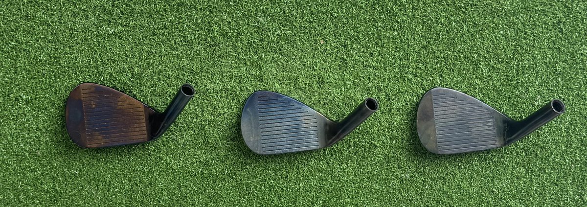 SHistorians's tweet photo. A special thanks to @KentKustoms for rejuvenating my old Scratch Custom Wedges. Lord @andrewkentgolf sharpened the grooves, de-rusted and torched each head for different coloring then painted filled each head. 

These might bump my Vokeys. 

#NonGolfHistory https://t.co/EV32DvnhBk