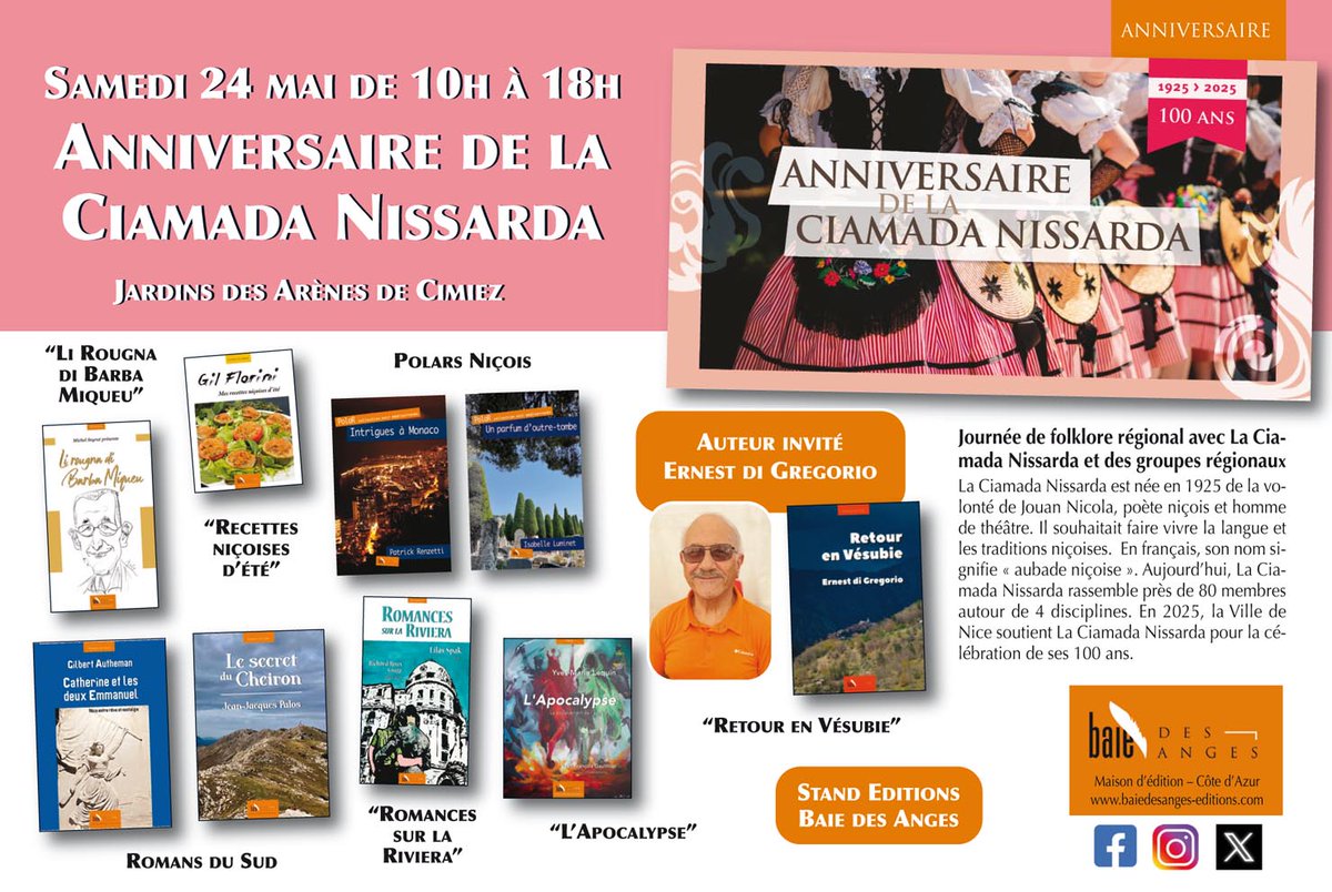 bdaedit's tweet photo. Ce samedi 24 mai on sera au "100 ans de la Ciamada Nissarda" au jardins de Cimiez @bdaedit @stanpalomba @JLGagliolo @VilledeNice pour une belle journée de partage et de bonne humeur avec le 🌞 bien sur
#Baiedesangeseditions #polarnicois #romandusud #Cotedazurfrance #NiceO6 https://t.co/P2aAHiK3y8
