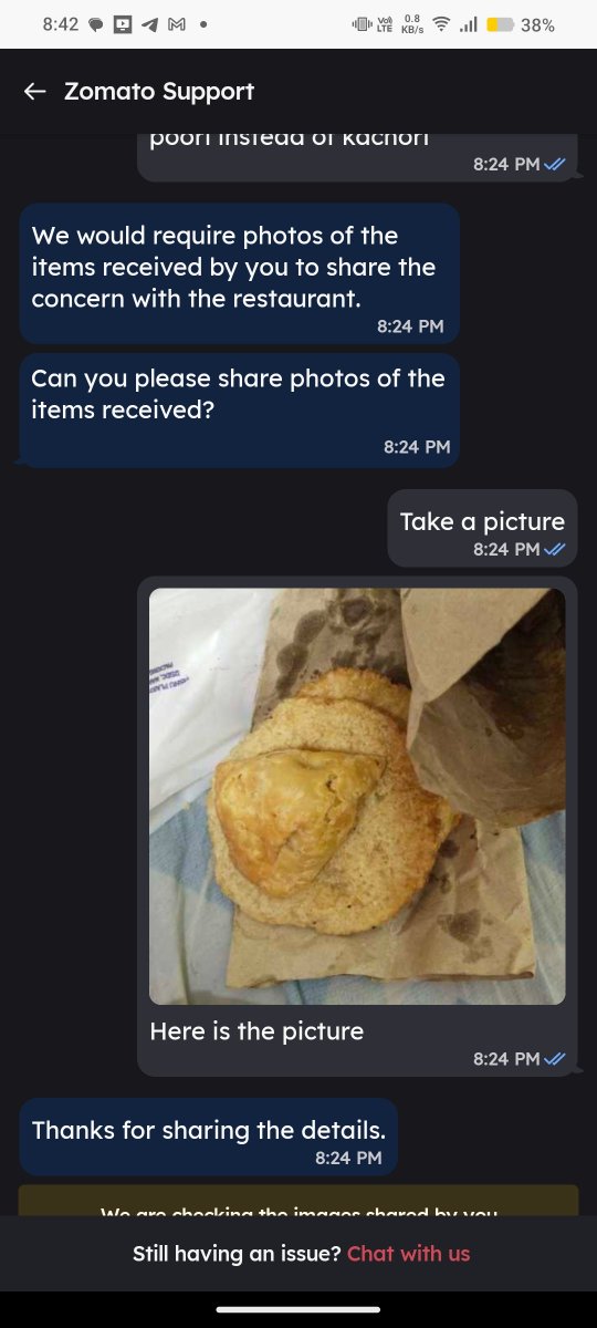 Aniastic's tweet photo. @zomato what kind of response is this can't your delivery associates see what is inside the order and what is being ordered if you guys can't deliver the correct order you should pop up a warning message while ordering that https://t.co/s1dy4WP4Pr