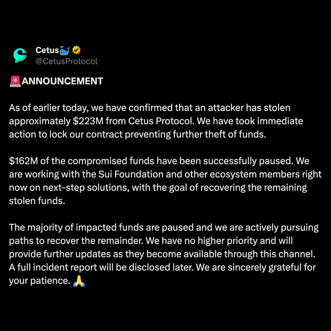 Cointelegraph's tweet photo. 🚨 UPDATE: Cetus has released an official statement regarding the exploit. https://t.co/tb5KgPSbYK