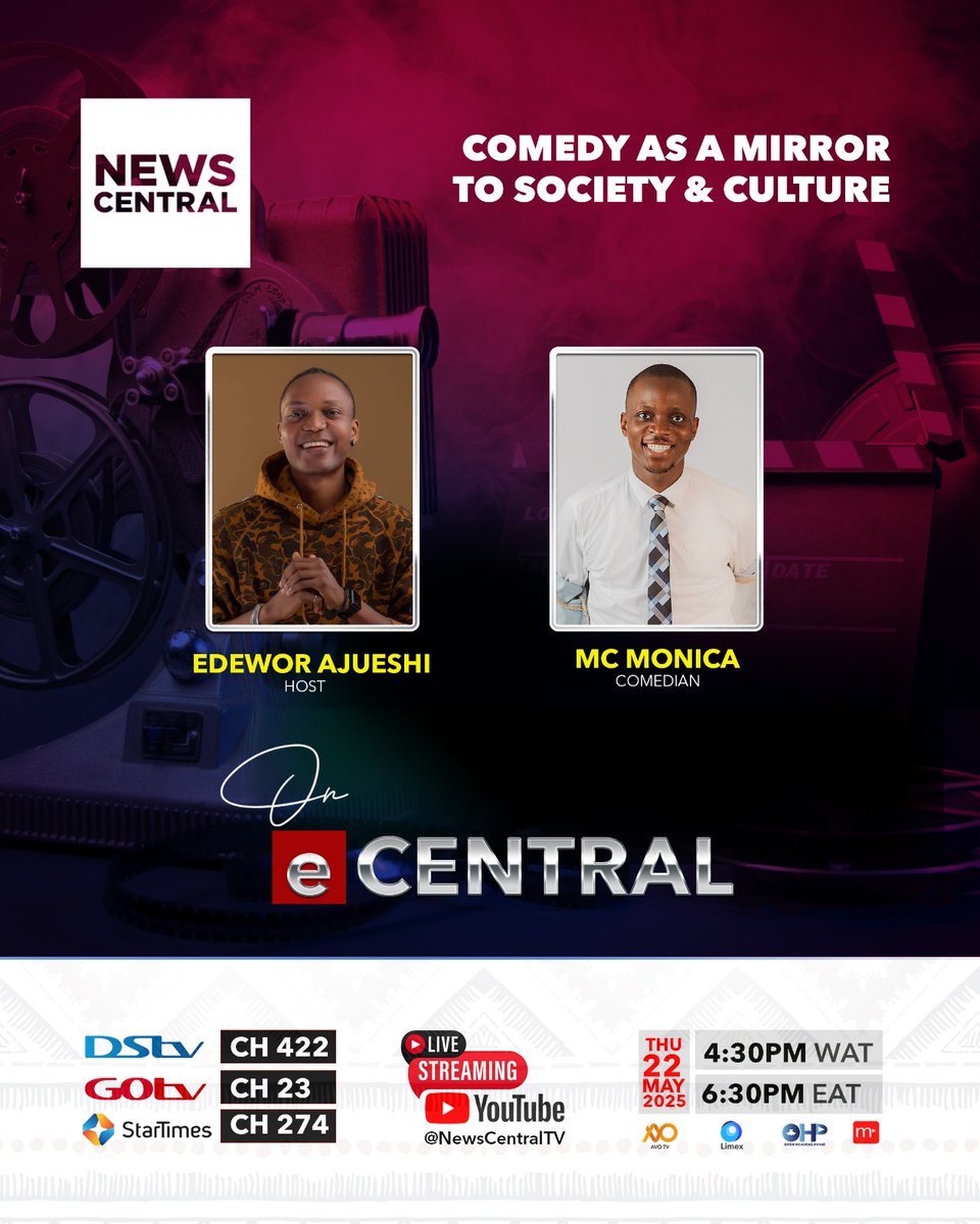 News Central TV (@newscentraltv) on Twitter photo Join us on E Central at 4:30 PM WAT as <a href="/edewor10/">Ajueshi J Edewor</a> sits down with MC Monica to discuss how comedy acts as a mirror to society and culture.
Showing on DStv 422, GOtv 23, StarTimes 274, YouTube: youtube.com/c/NewsCentralT… Join us on E Central at 4:30 PM WAT as <a href="/edewor10/">Ajueshi J Edewor</a> sits down with MC Monica to discuss how comedy acts as a mirror to society and culture.
Showing on DStv 422, GOtv 23, StarTimes 274, YouTube: youtube.com/c/NewsCentralT…