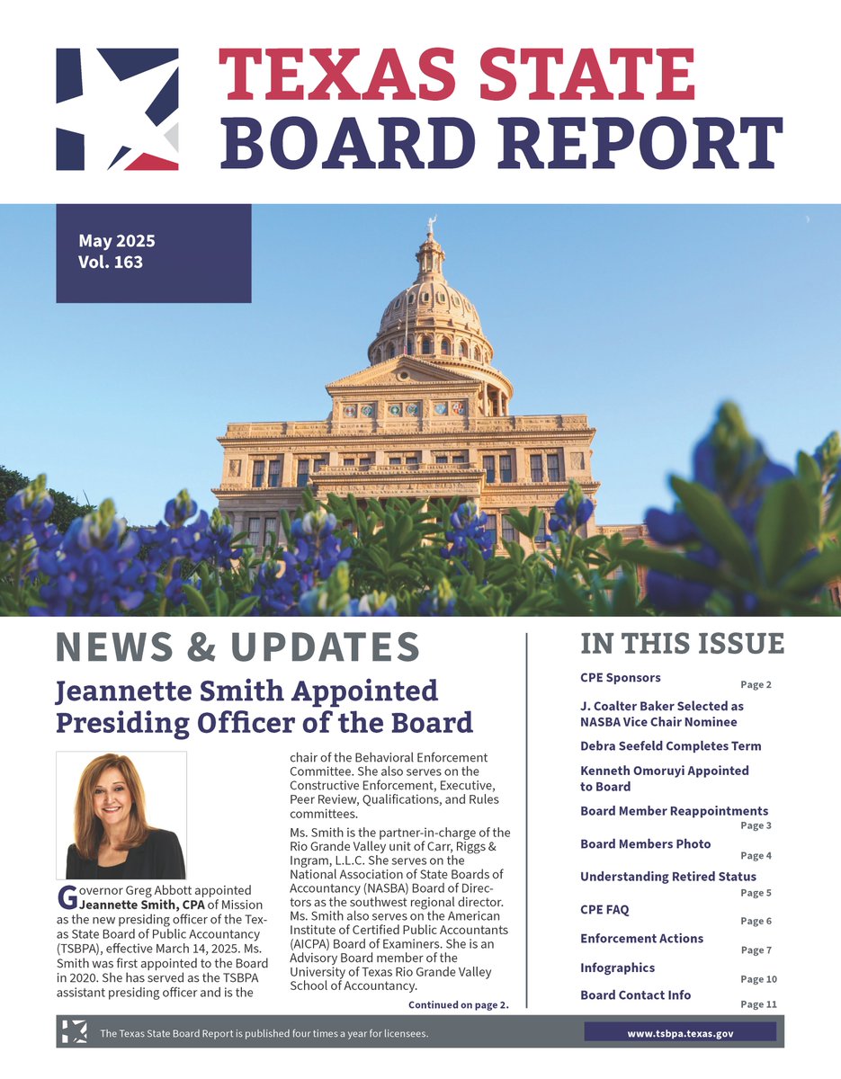 The May 2025 issue of the Texas State Board Report is now available online: tsbpa.texas.gov/pdffiles/br/Bo…