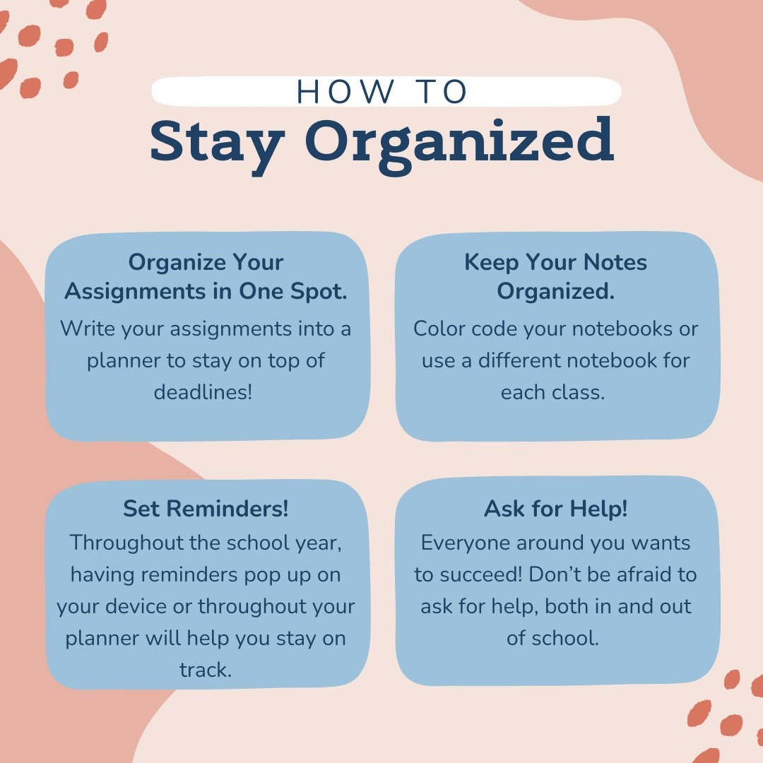 schooldatebooks's tweet image. As the school year wraps up and finals approach, staying organized is more important than ever!📚

Check out these quick tips, then visit our blog for more ways to stay focused and stress-free! Link below! 

bit.ly/44PjCik

#SchoolDatebooks #Organization #StudentTips