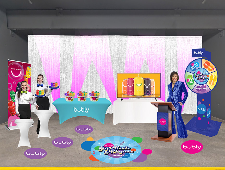 PrimeisCreative's tweet image. The blueprint versus the final results. 🙌 Our retro-style, bubly-themed game show booth at #ECMA2025 for Browning Harvey was a real labour of love by our team! From inception to design to arranging every last can and clapper - we had a hand in every piece of this project! ❤️