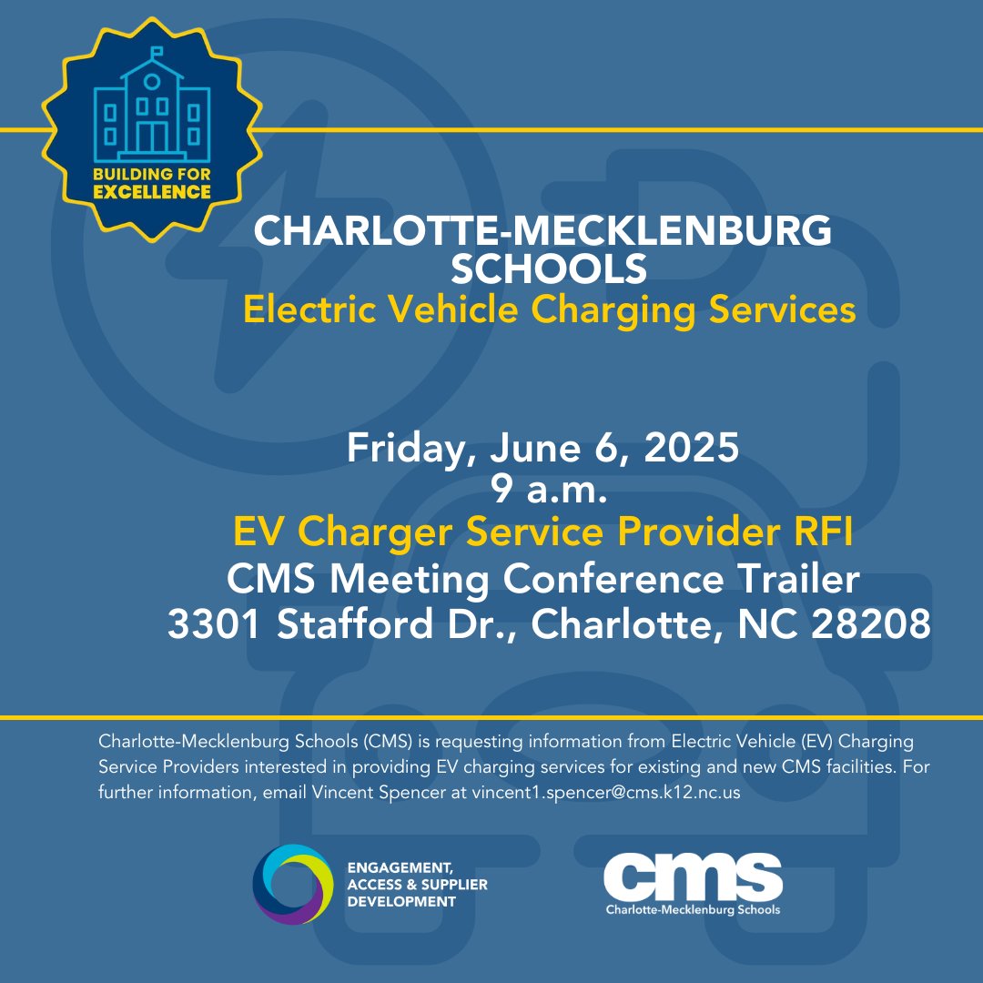CMS Bond Info (@cmsbondinfo) on Twitter photo <a href="/CharMeckSchools/">Charlotte-Mecklenburg Schools</a> invites EV Charger Service Providers to an RFI meeting on June 6 to discuss offering electric vehicle charging services for school facilities. Learn about more opportunities: cmsbondconstruction.com/#Calendar <a href="/CMSMWSBE/">CMS Supplier Development</a> <a href="/CharMeckSchools/">Charlotte-Mecklenburg Schools</a> invites EV Charger Service Providers to an RFI meeting on June 6 to discuss offering electric vehicle charging services for school facilities. Learn about more opportunities: cmsbondconstruction.com/#Calendar <a href="/CMSMWSBE/">CMS Supplier Development</a>