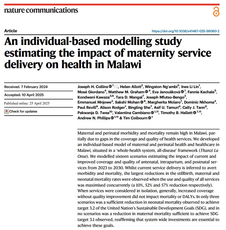 Thanzi Programme (@thanzilaonse) on Twitter photo New research alert! 🚨 "An individual-based modelling study estimating the impact of maternity service delivery on health in Malawi" has been published in <a href="/NatureComms/">Nature Communications</a>.
📕 Open access: doi.org/10.1038/s41467…
#GlobalHealth #Modelling #TLOmodel #Thanzi #MaternalHealth #Malawi New research alert! 🚨 "An individual-based modelling study estimating the impact of maternity service delivery on health in Malawi" has been published in <a href="/NatureComms/">Nature Communications</a>.
📕 Open access: doi.org/10.1038/s41467…
#GlobalHealth #Modelling #TLOmodel #Thanzi #MaternalHealth #Malawi