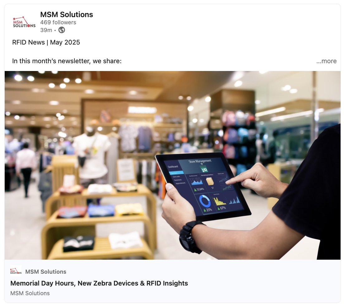 MSMSolutions's tweet image. #RFID is transforming retail and logistics. This month: omnichannel strategy, RFID adoption costs, and mobile computing. Read more: bit.ly/4durgRG. Offices closed May 26 for Memorial Day.