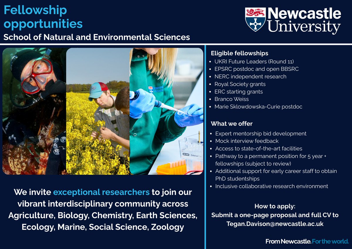 Faculty of Science, Agriculture & Engineering (@sage_ncl) on Twitter photo We're inviting exceptional researchers to apply for support on major <a href="/SciencesNCL/">Sciences at Newcastle</a> fellowships (UKRI, ERC, MSCA, Royal Society + more).
๐ฉ Apply with a 1-page proposal + CV to Tegan.Davison@newcastle.ac.uk
#STEM #PhD We're inviting exceptional researchers to apply for support on major <a href="/SciencesNCL/">Sciences at Newcastle</a> fellowships (UKRI, ERC, MSCA, Royal Society + more).
๐ฉ Apply with a 1-page proposal + CV to Tegan.Davison@newcastle.ac.uk
#STEM #PhD