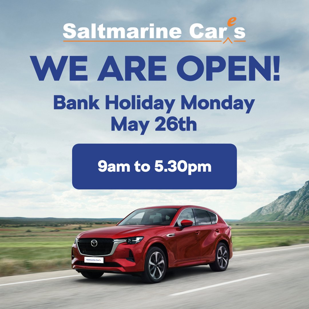 All departments at Saltmarine Cars will be open as usual this Bank Holiday Monday May 26th 9am to 5:30pm.

Why not pop down and take advantage of our latest offers on Hyundai, Mazda and Motability. Or browse our great selection of used cars.

saltmarine.com