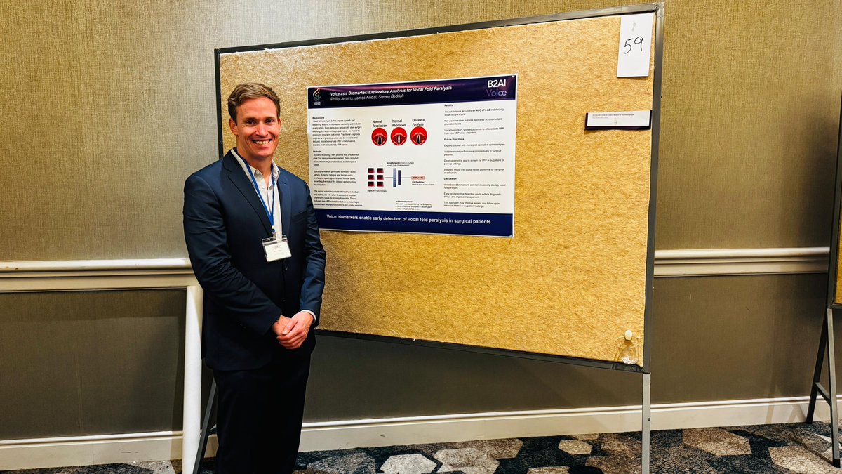 Phillip Jenkins (@philjenkinsmd) on Twitter photo Honored to be able to present our Exploratory Analysis on using voice as a biomarker to detect vocal fold paralysis at the Bridge2AI All Hands & Open House Meeting poster session. Excited to explore surgical uses for the <a href="/Bridge2aiVoice/">Bridge2AI Voice</a> dataset! <a href="/OHSUSurgData/">OHSU Surgical Data & Decision Sciences Lab</a> Honored to be able to present our Exploratory Analysis on using voice as a biomarker to detect vocal fold paralysis at the Bridge2AI All Hands & Open House Meeting poster session. Excited to explore surgical uses for the <a href="/Bridge2aiVoice/">Bridge2AI Voice</a> dataset! <a href="/OHSUSurgData/">OHSU Surgical Data & Decision Sciences Lab</a>
