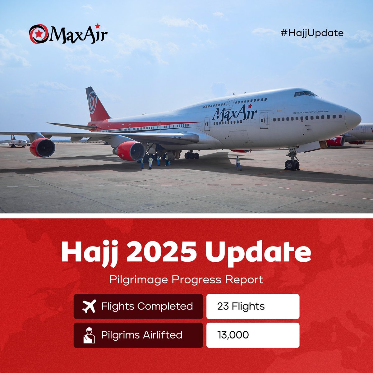 Hajj 2025 Update:
Max Air proudly continues its commitment to serving pilgrims with excellence.
With 23 flights completed and 13,000 pilgrims successfully airlifted, our Hajj operations are in full swing.

Thank you for choosing Max Air