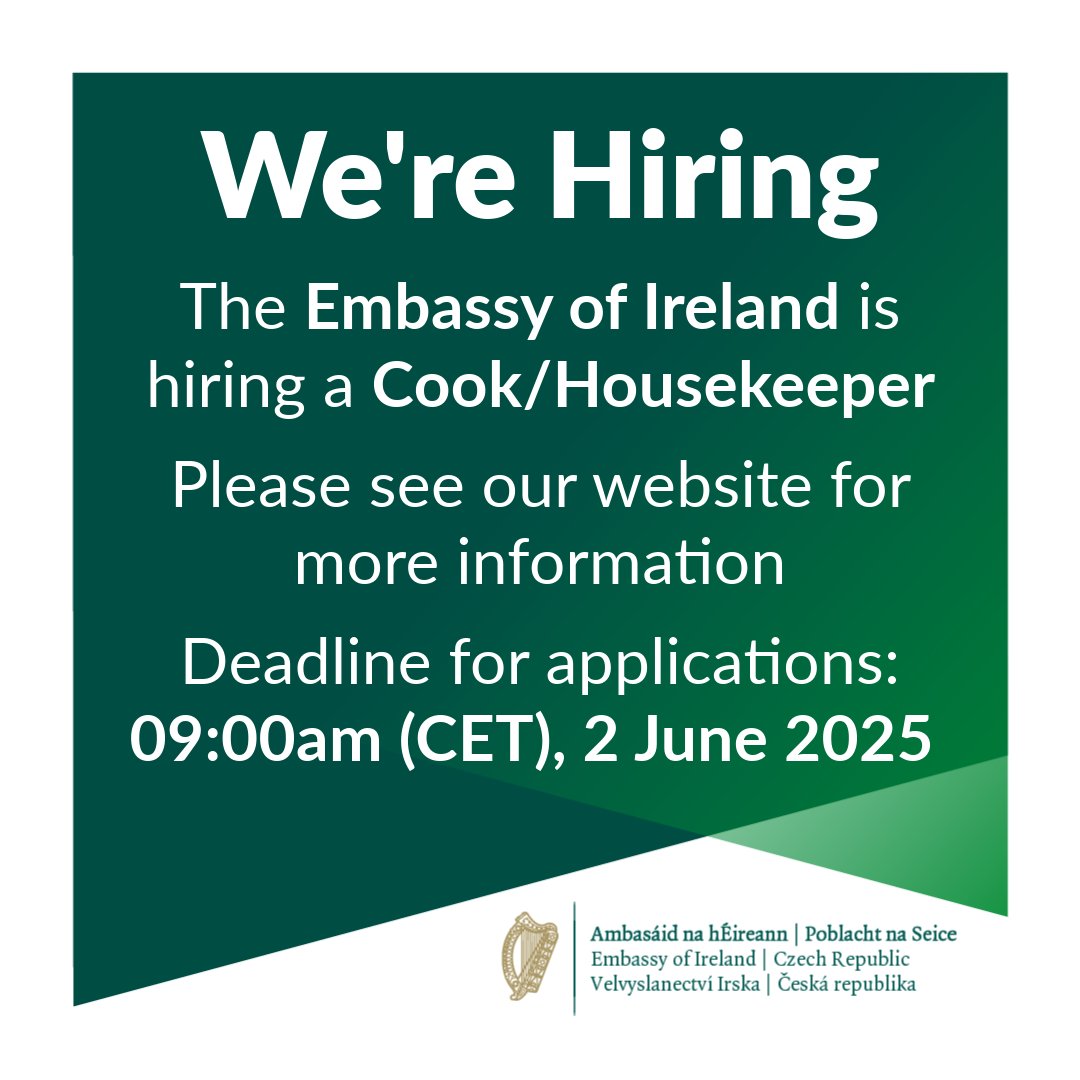 📢 We are hiring!        

We are recruiting for the position of Cook/Housekeeper 🇮🇪

More information on the role can be found on our website: ireland.ie/en/czech-repub…