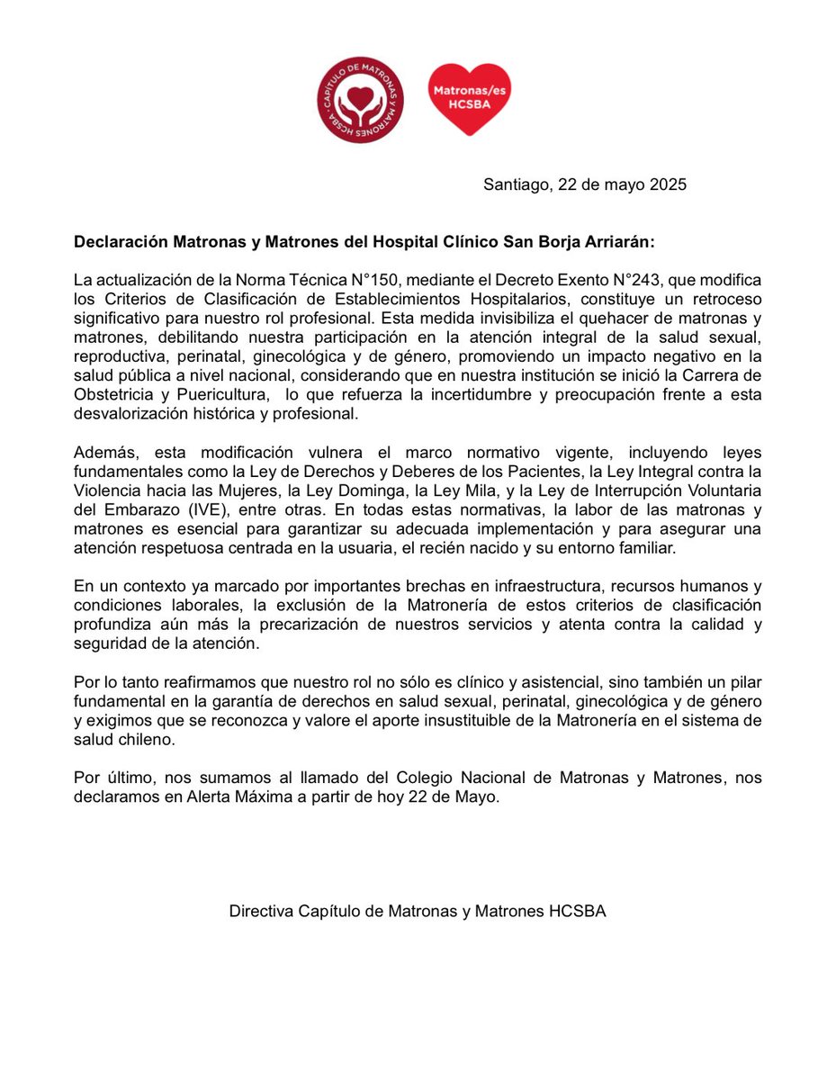 Nos declaramos en ⚠️ Alerta Máxima ante la actualización de la Norma Técnica N°150 (D.E. N°243), que representa un grave retroceso para nuestra profesión
Desde el hospital donde nació la carrera de Obstetricia, exigimos respeto valoración y reconocimiento a nuestro rol histórico