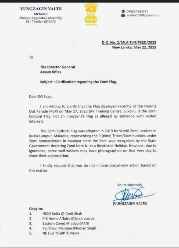 "... However, due to ignorance, some well-wishers may have photographed on that very day to show their appreciation."

Zomi MLA Vungzagin Valte admits flag used by militant group Zomi Revolutionary Army (ZRA) belongs to his community.