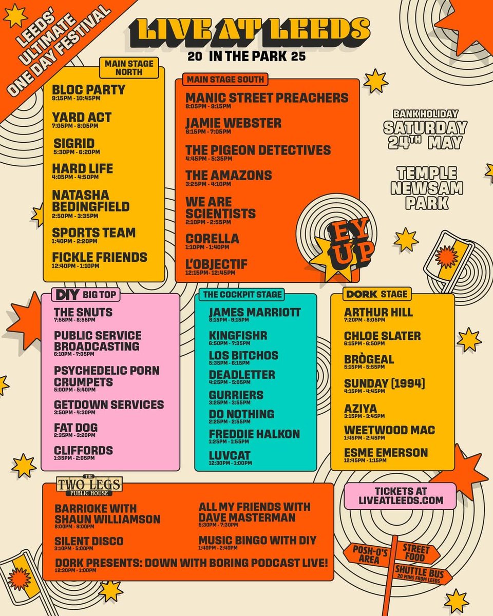 Here are your timings for this Saturday at <a href="/liveatleedsfest/">Live at Leeds</a> in the Park 2025! 

Get your tickets here 👉 bit.ly/4kuCFmL