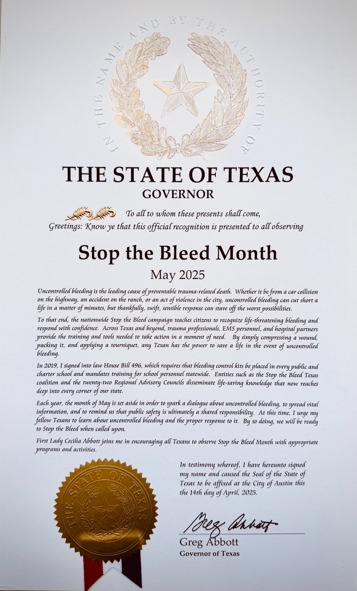 Not only is this Stop the Bleed Month in Texas and nationally, but today is Stop the Bleed Day. This is an excellent opportunity  to schedule or attend a Stop the Bleed class. 

Learn more at stopthebleedtexas.org or contact your Regional Advisory Council.