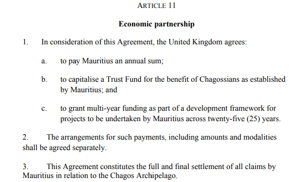 🚨 NEW: Keir Starmer's Chagos Islands deal includes more UK funding for Mauritius and Chagossians on top of the £101m annual cost to lease the Diego Garcia base

In the deal document, the UK agrees to: 

- pay Mauritius an annual sum
- capitalise a Trust Fund for the benefit of