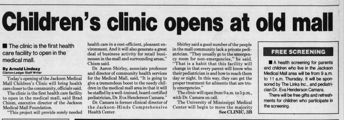 Jackson Medical Mall's first clinic - the Jackson Medical Mall Children's Clinic - opened in 1997. Here's the <a href="/clarionledger/">Clarion Ledger</a>'s Metro section headline on June 9, 1997.