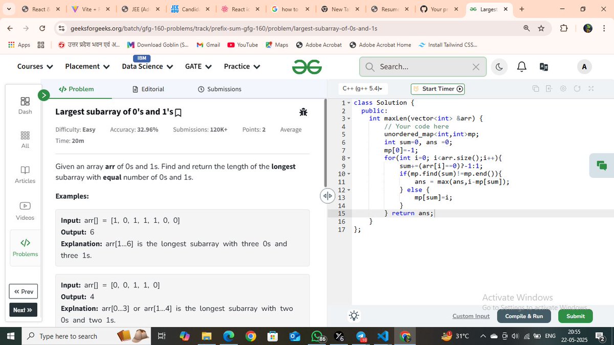 ashutosh_m03's tweet photo. Day 63 of my #GFG160DaysCodingChallenge | Largest subarray of 0's and 1's|||

 #gfg160 #geekstreak2025 #geeksforgeeks #160DaysOfCode
@geeksforgeeks https://t.co/kluZKj1GTq