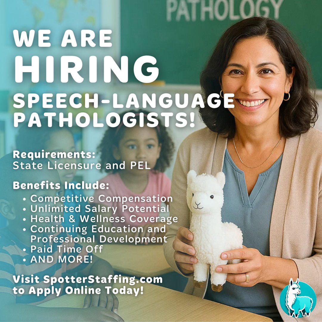 🗣️ Job Title: Speech-Language Pathologist 
📍 Location: Lake Villa Area, IL
💵 Pay Range: $55/hour
☑️ Apply Online Today! spotterstaffing.com/wp-content/plu…

#SLPJobs #SLPeeps #HiringSLP #SpotterLlamas #JoinTheHerd #ChicagoSLP