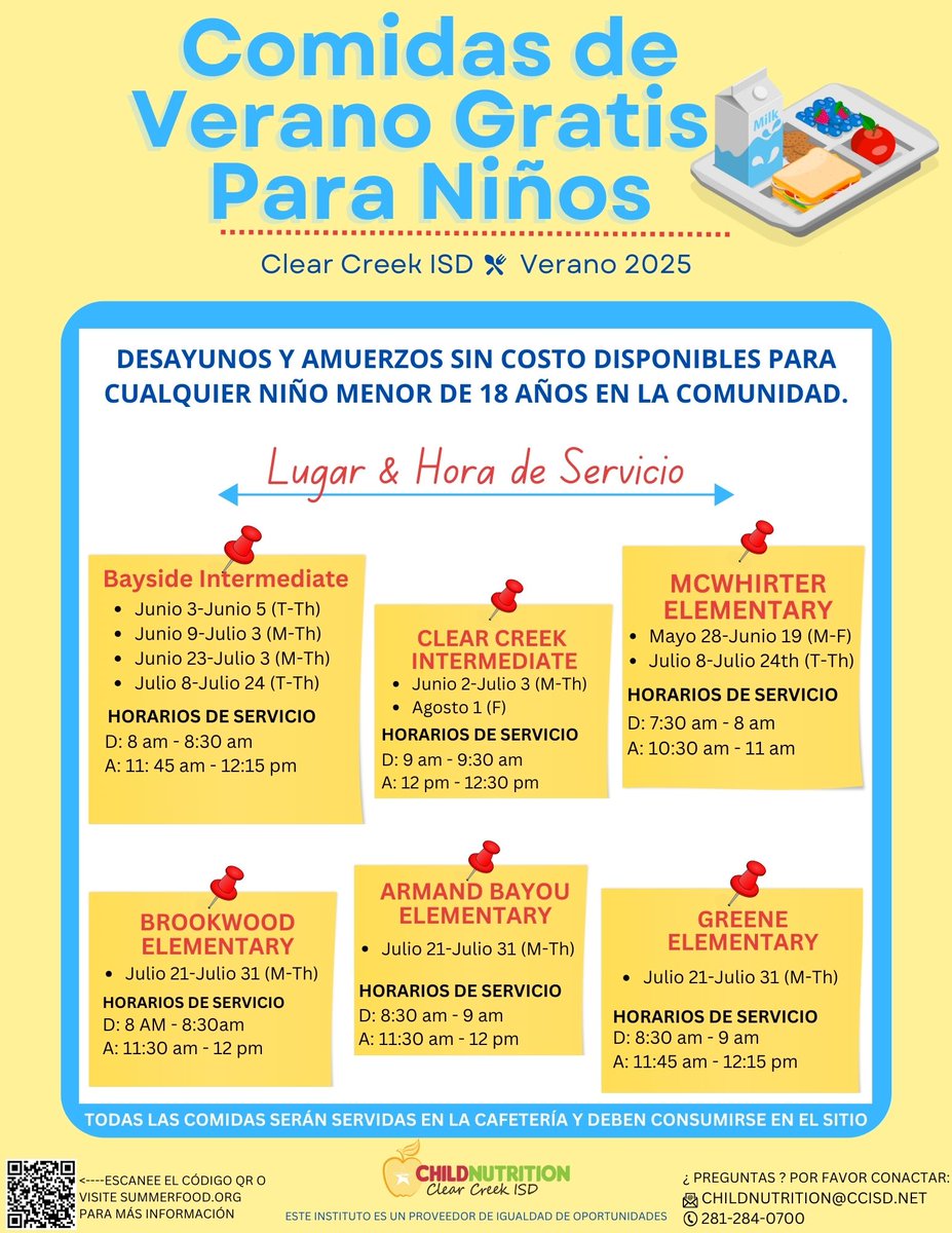 Free breakfast and lunch will be available at the locations listed below throughout summer. These meals are open to all children in the community, ages 18 and under. All meals will be served in cafeterias and must be eaten on site. More details: ccisd.net/studentmeals