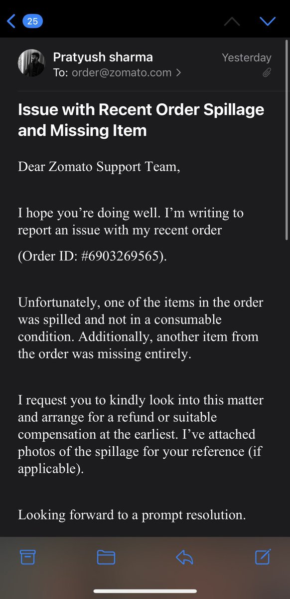 Really disappointed with <a href="/zomato/">zomato</a> <a href="/zomatocare/">Zomato Care</a> . Sent an email about a messed-up order (Order ID: #6903269565) — one item spilled, another missing — and still no response. Was expecting better support. Photos were attached too. Hope this gets noticed. #zomato #zomatocare