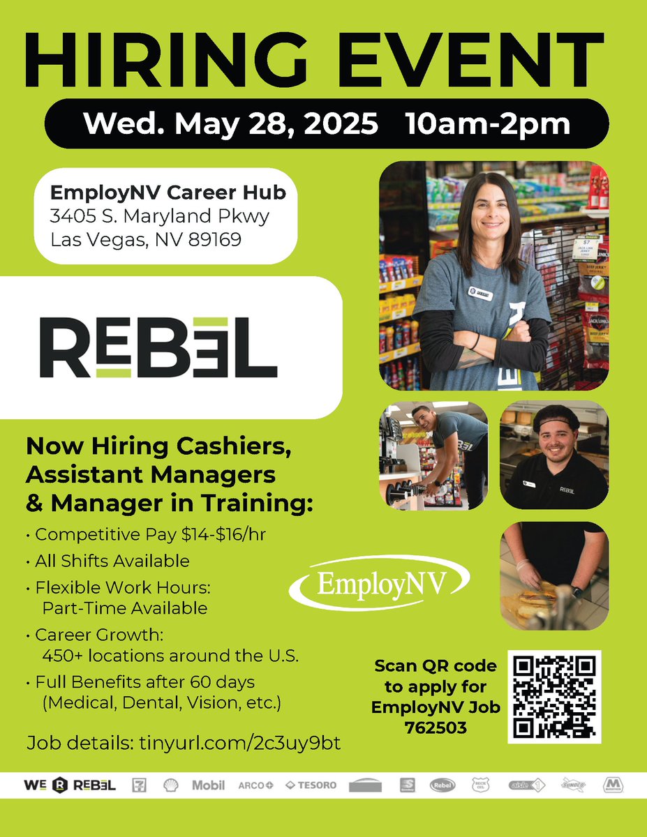 EmployNV of Southern Nevada (@employnvsouth) on Twitter photo LAS VEGAS - Rebel Stores is hosting a Hiring Event on 5-28-25 10AM-2PM for Cashiers, Assistant Managers, and Managers in Training. tinyurl.com/2c3uy9bt
âś… $14-$16/hr
âś… Part-time & all shifts available
âś… Benefits
📍 EmployNV Career Hub, 3405 S. Maryland Pkwy
<a href="/Rebelcstores/">REBEL Stores</a> LAS VEGAS - Rebel Stores is hosting a Hiring Event on 5-28-25 10AM-2PM for Cashiers, Assistant Managers, and Managers in Training. tinyurl.com/2c3uy9bt
âś… $14-$16/hr
âś… Part-time & all shifts available
âś… Benefits
📍 EmployNV Career Hub, 3405 S. Maryland Pkwy
<a href="/Rebelcstores/">REBEL Stores</a>