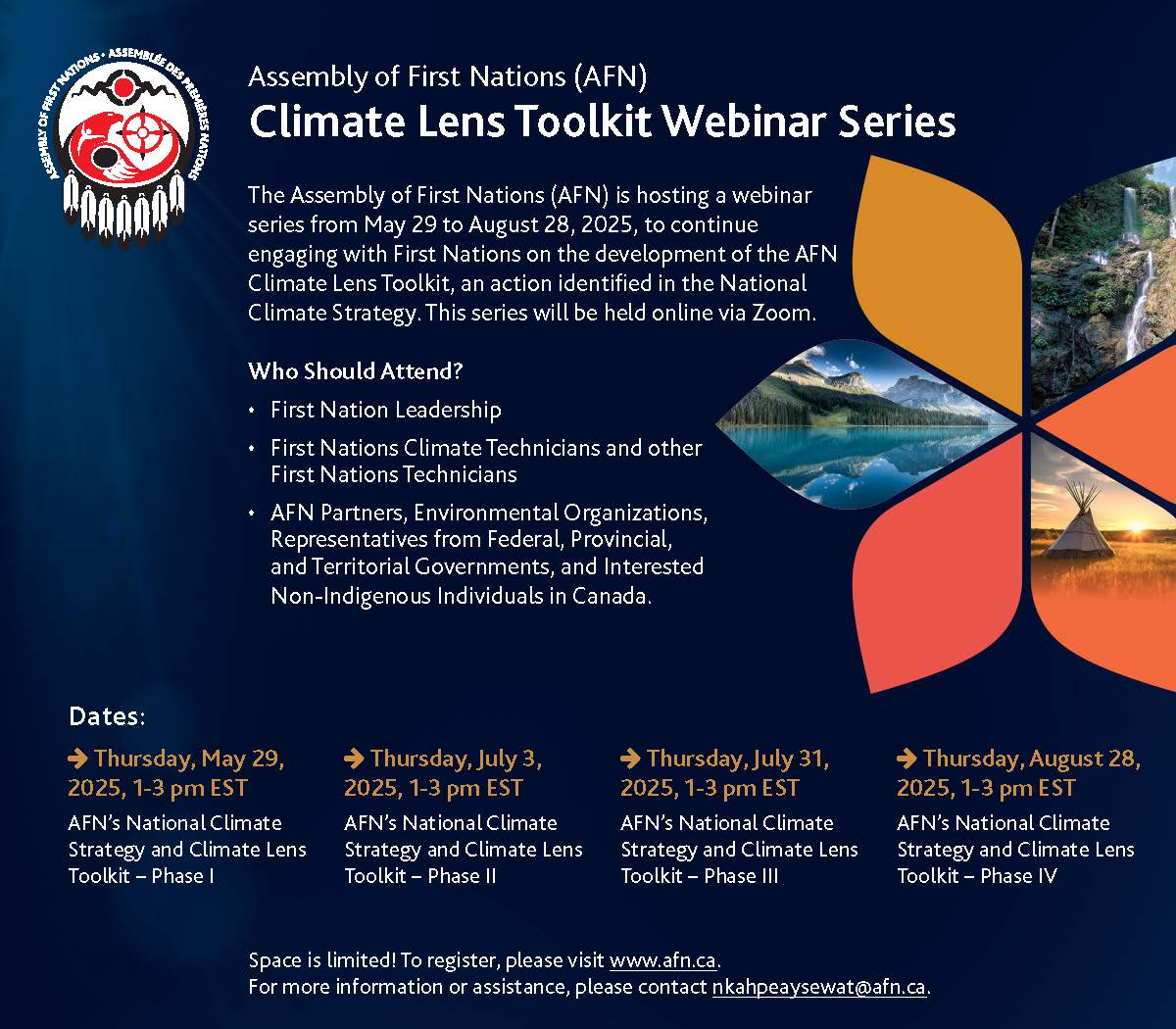 AFN_Updates's tweet image. The AFN Climate Lens Toolkit Webinar Series provides an opportunity for First Nations leadership, technicians and climate practitioners to engage in dialogue and share their knowledge on the development of the AFN Climate Lens Toolkit. Register today to join us virtually for…