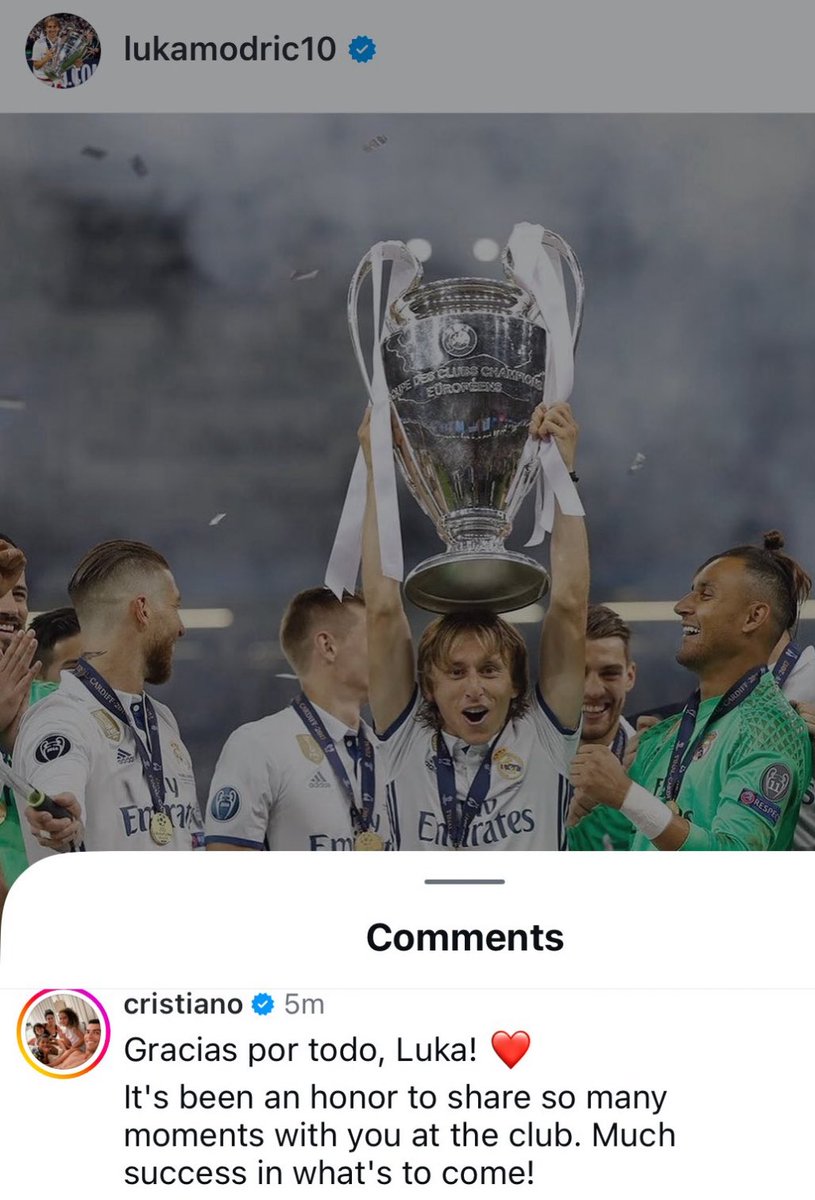 Cristiano replies to Luka Modric’s IG post:

“Thanks for everything, Luka! It's an honor to share so many moments with you at the club. Wishing you success in whatever comes next.”