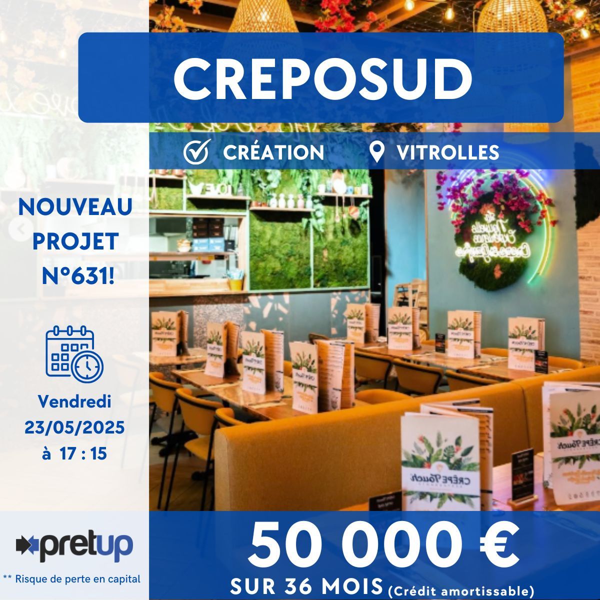 [⚡Nouveau projet n°631⚡]
Prépublication du projet "CREPOSUD" : 50 000 € recherchés sur 36 mois (crédit amortissable) pour financer la trésorerie d’exploitation liée à l’ouverture.
Ouverture de la collecte demain à 18h
 
Risque de non remboursement du capital prêté