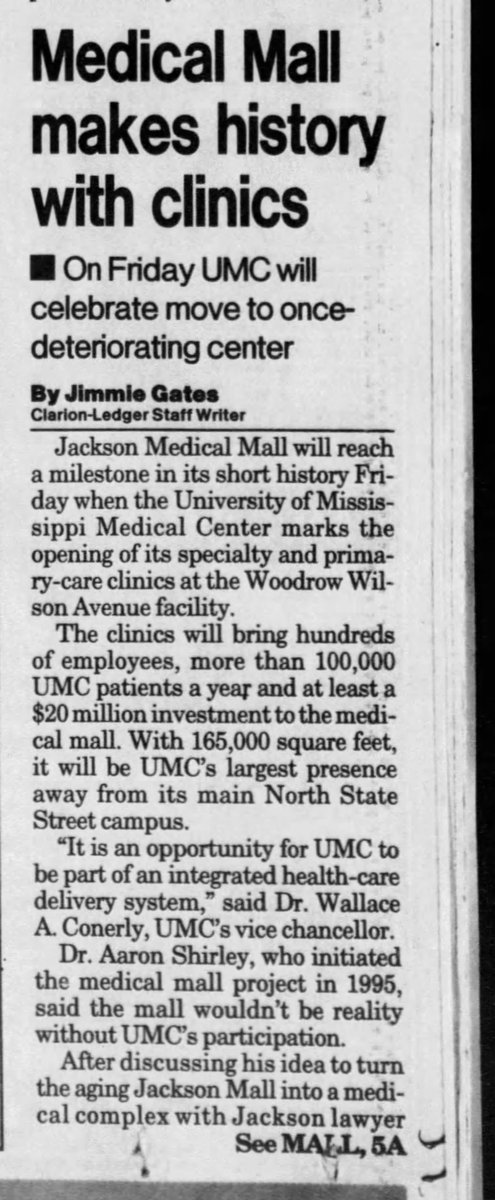 UMMC came to Jackson Medical Mall in 1998 with the opening of its specialty and primary care clinics. It was estimated they would bring over 100,000 patients to the mall. 

Here's the front page of the <a href="/clarionledger/">Clarion Ledger</a> on January 22, 1998.

More: mississippitoday.org/2025/05/22/jac…