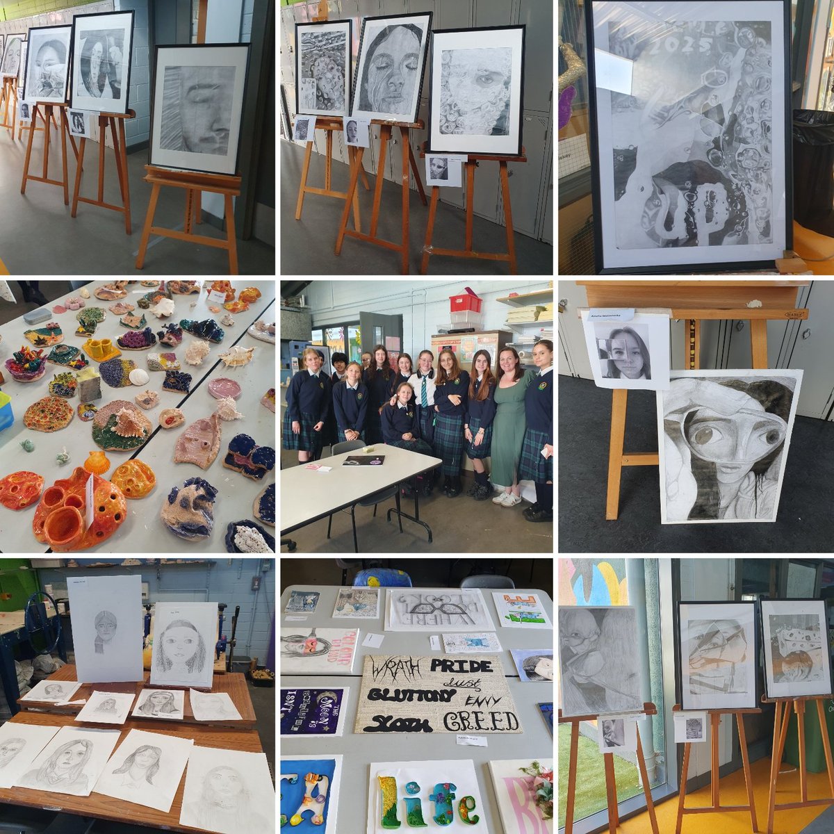 Colaistebride's tweet photo. 1st Year Art students with Ms. Comiskey and Ms. Burns are hosting an Art exhibition for Parents this afternoon. Lovely to see the support of the parents, the excitement of the 1st Years showcasing their excellent work and learning skills of teamwork and organisation. https://t.co/jcAvT9NGVv