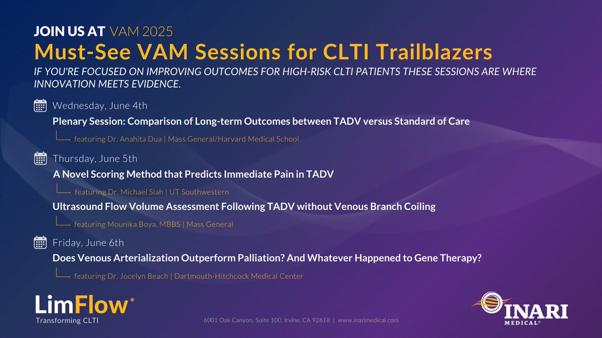 Heading to VAM 2025? Visit us at booth #521 on June 5–6!  

#LimFlow is reshaping what's possible for #CLTI. Learn how #TADV is driving real-world limb salvage—and why more physicians are choosing a limb-first strategy.  

More: bit.ly/4k3h3xP 

#VAM2025 #LimbSalvage
