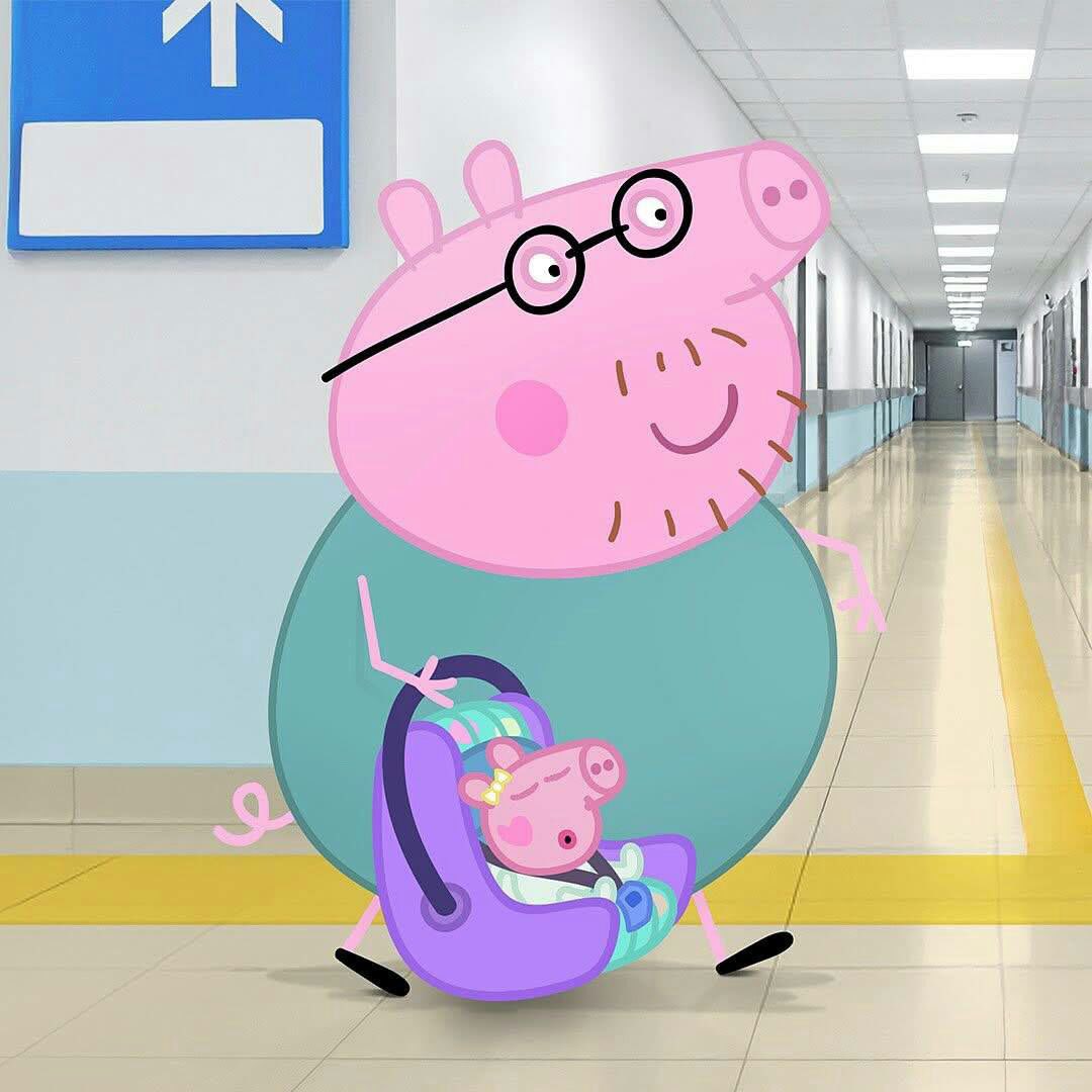 Peppa Pig's father was seen leaving the hospital with his new daughter.