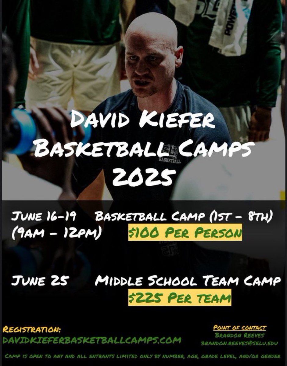 Brandon Reeves (@br4ndonreeves) on Twitter photo Itโs not to late to register!
Individual camp June 16-19
Middle School Team camp June 25
Davidkieferbasketballcamps.com
Sign up now! <a href="/DavidKieferSLU/">David Kiefer</a> <a href="/LionUpMBB/">Southeastern Men's Basketball</a> Itโs not to late to register!
Individual camp June 16-19
Middle School Team camp June 25
Davidkieferbasketballcamps.com
Sign up now! <a href="/DavidKieferSLU/">David Kiefer</a> <a href="/LionUpMBB/">Southeastern Men's Basketball</a>