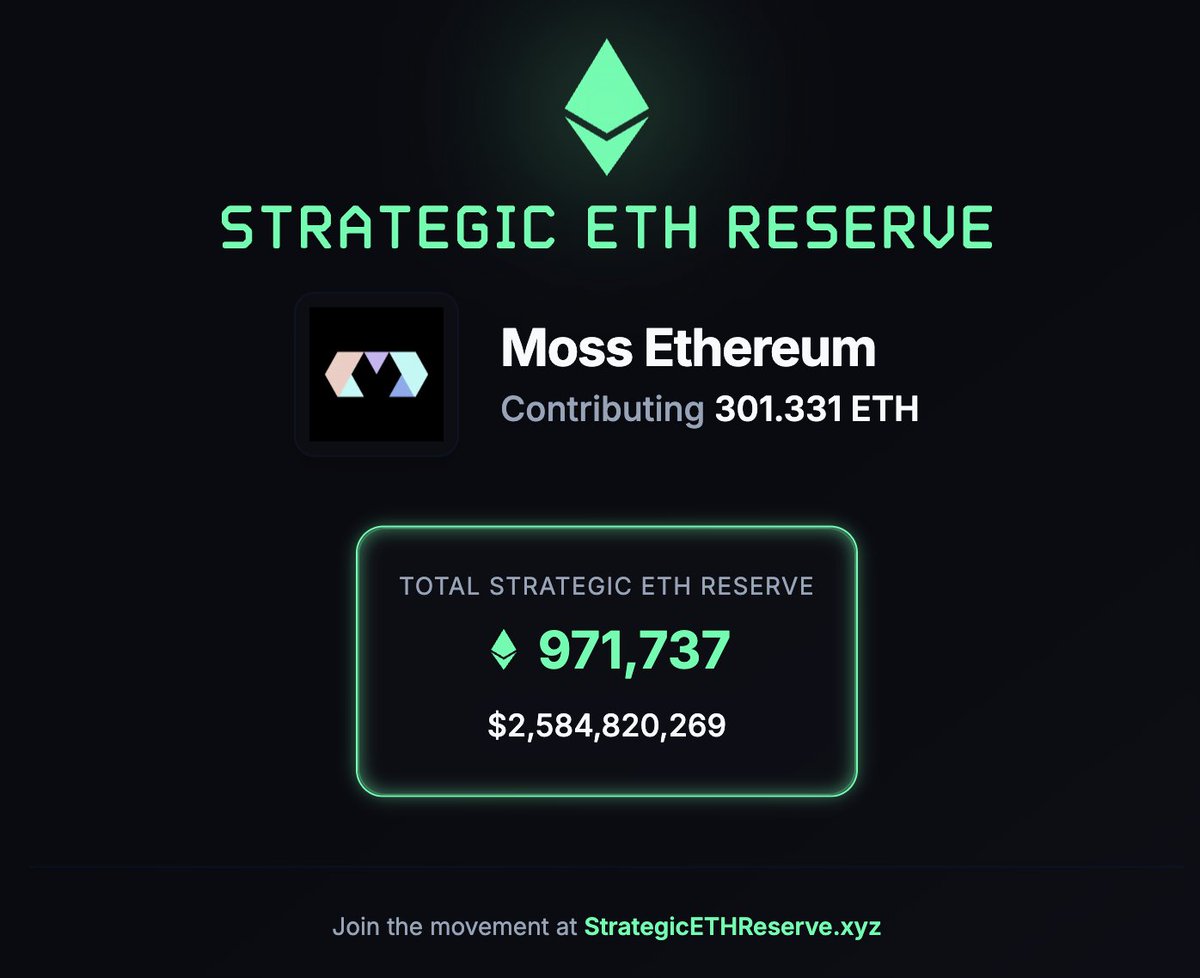 Another public company just joined the Strategic ETH Reserve (SER). Welcome  Moss Genomics (OTC: MSSGF), the Microstrategy of Ethereum. Follow the smart  money 👀. Special thanks to @liujackc & everyone at @mossethereum.