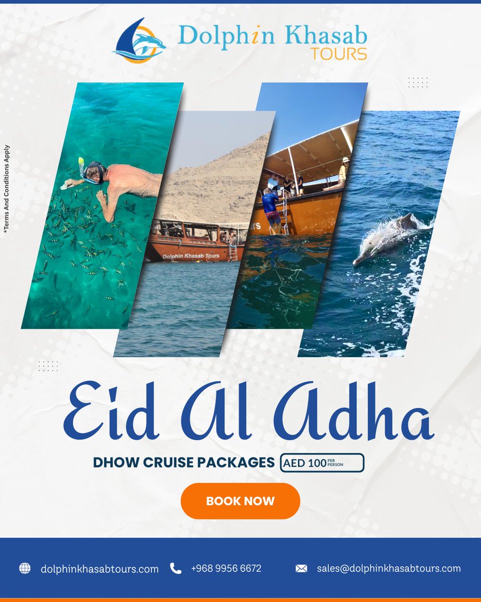 Eid Al Adha Escape to Khasab – From AED 100! 🐬🌊

Celebrate Eid Al Adha with a scenic adventure in Khasab! Join Dolphin Khasab Tours for a holiday you’ll never forget – starting from just AED 100!

✨ Eid Special Includes:
🛥️ Dhow cruise through stunning fjords
🐬 Dolphin